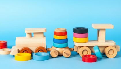 Stacking rings toy and wooden train arranged on blue background,  toy,  childhood