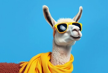 Stylish llama in yellow sunglasses and scarf against a blue background ,  image,  bright