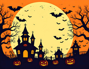 Spooky Halloween Night Haunted Village under Harvest Moon with Bats and Jack-o'-lanterns