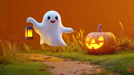 A cheerful ghost with a lantern on a path next to a jack-o'-lantern.