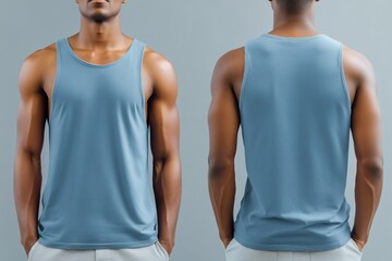 A male model showcasing a blue tank top mockup from the front and back, highlighting the design and fit. The background is a soft gray, emphasizing the clothing.