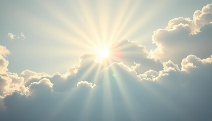 Sunbeam breaks through fluffy clouds, textured paper background,  clouds,  art