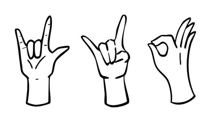 愛・OK・ロックを伝えるハンドサインイラストセット　ベクター黒