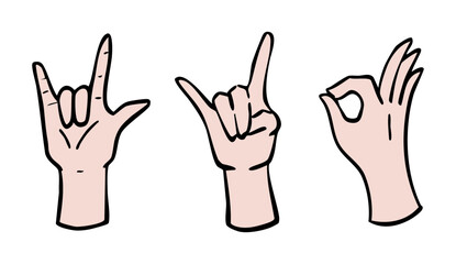 愛・OK・ロックを伝えるハンドサインイラストセット　ベクター　カラー