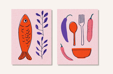 Abstract Food Poster Set Fish, Chili Peppers, and Utensils – Minimalist Culinary Art Prints