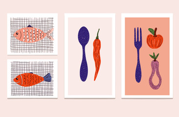Abstract Food Posters Set of Four Unique Illustrations Featuring Fish, Chili Pepper, Apple, and Vegetables
