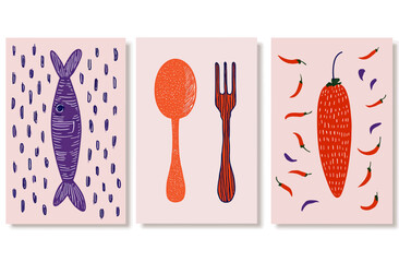 Abstract Food Poster Set Fish, Utensils, Chili Peppers