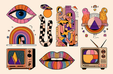 Vibrant Retro Geometric Abstract Art Illustrations Set of Eye-Catching Designs