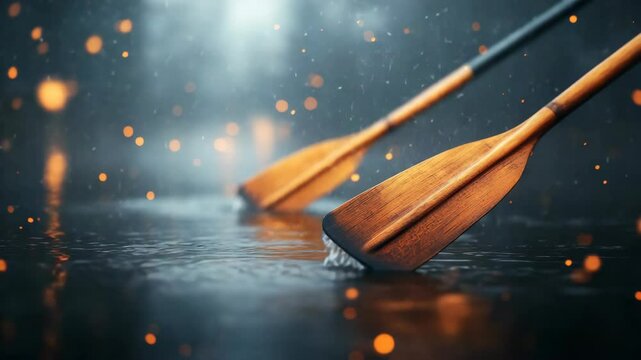 Calm water reflection with wooden oars and paddle splashes, capturing outdoor nature scenes, water movement, and peaceful splash of boat paddles in serene, nature inspired setting