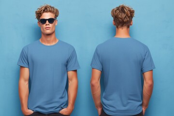 A young man with stylish curly hair wearing sunglasses and a blue t-shirt mockup, posing against a solid blue background. The image shows both front and back views of the t-shirt.