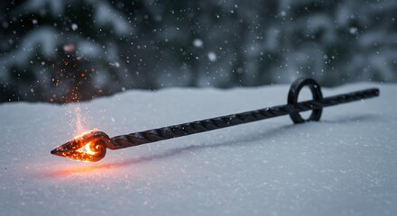 A dramatic close-up captures a glowing hot, forged iron fire poker as it sizzles and melts into pristine white snow.