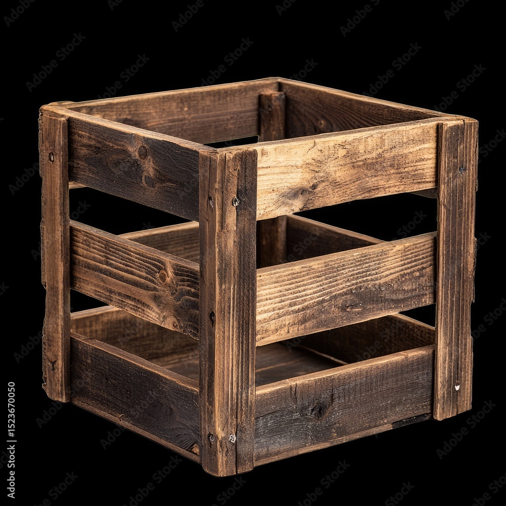 Poster wooden crate box empty and open, showcasing rustic design with dark finish. ideal for storage or dec