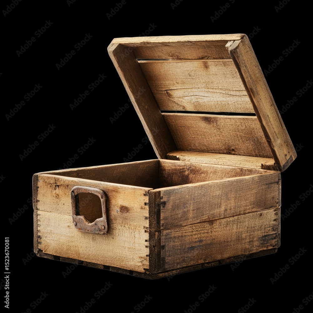 Poster wooden crate box empty and open, showcasing its rustic charm and natural texture. ideal for storage 