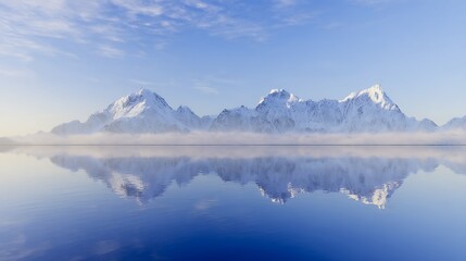 Mountains reflect perfectly on the calm water