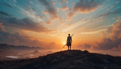 Fototapeta premium Silhouette of a warrior standing on a hill at sunset