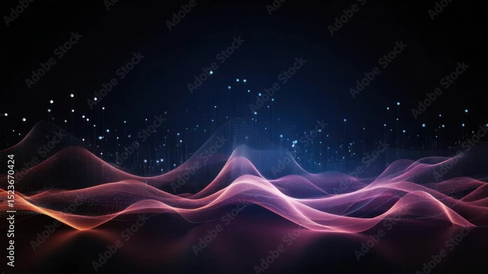 Poster ethereal waves: a mesmerizing digital display of flowing, luminescent waves and subtle particle effe