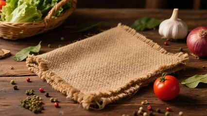 Rustic Kitchen Scene with Burlap Cloth Vegetables and Spices