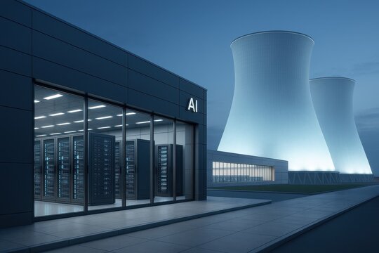 Nuclear power plant supporting advanced AI infrastructure at dusk with server facility in view