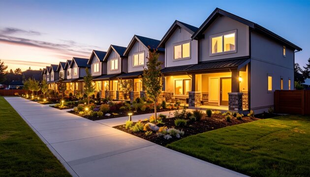 Modern suburban duplexes present symmetrical front gardens and shared driveway, with soft evening lights illuminating their inviting exteriors in a quiet neighborhood.