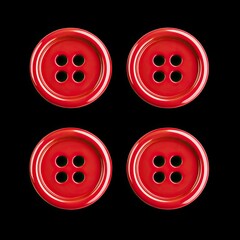 Bright red buttons with shiny plastic texture isolated on black background, showcasing their vibrant color and smooth finish, perfect for sewing or crafting projects