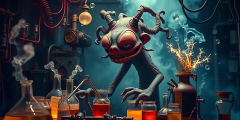 A grotesque creature amidst bubbling beakers, sparking wires, and strange apparatus,  electricity,  gothic