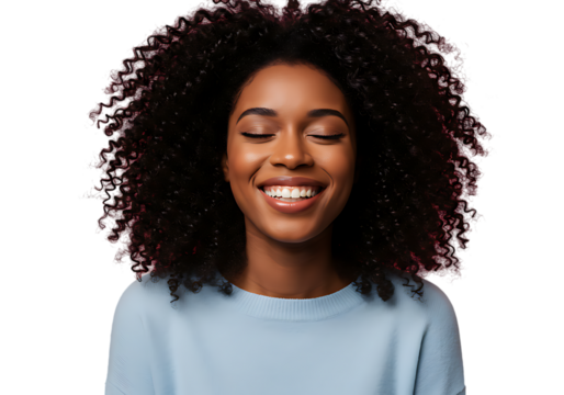 Portrait of beautiful african american woman smiling with curly hair and closed eyes on black background on transparent background