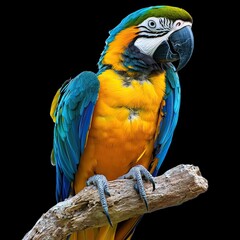 Obraz premium Colorful parrot perched on branch, showcasing vibrant blue and yellow feathers against black background, exuding sense of beauty and grace