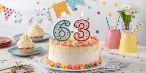 Sixty-Three Birthday Cake with Candles, Festive Decor, Cupcakes, birthday cake, sixty three