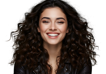 Portrait of a beautiful woman smiling with curly hair and leather jacket on a black background studio shot on transparent background