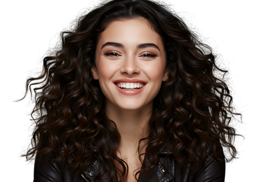 Portrait of a beautiful woman smiling with curly hair and leather jacket on a black background studio shot on transparent background