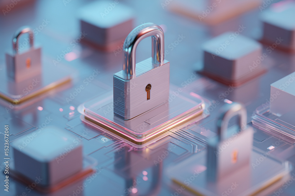 Poster a close up of a computer chip with a key on it. concept of security and protection, as the key is pl