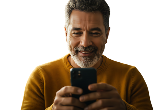 Man using phone smartphone mobile technology communication device connection online digital lifestyle smiling on transparent background