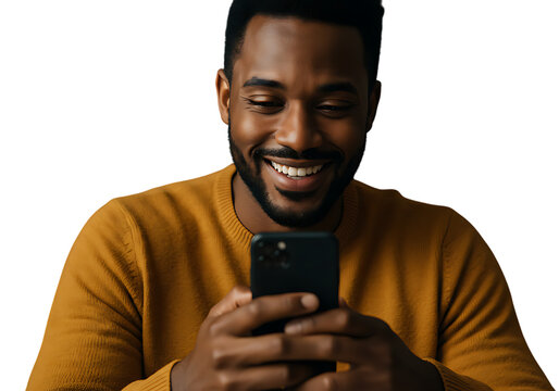 Happy man using phone mobile smartphone cellphone african american black man smiling technology on transparent background