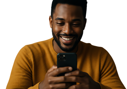 Happy man using phone mobile smartphone cellphone african american black man smiling technology on transparent background - Powered by Adobe