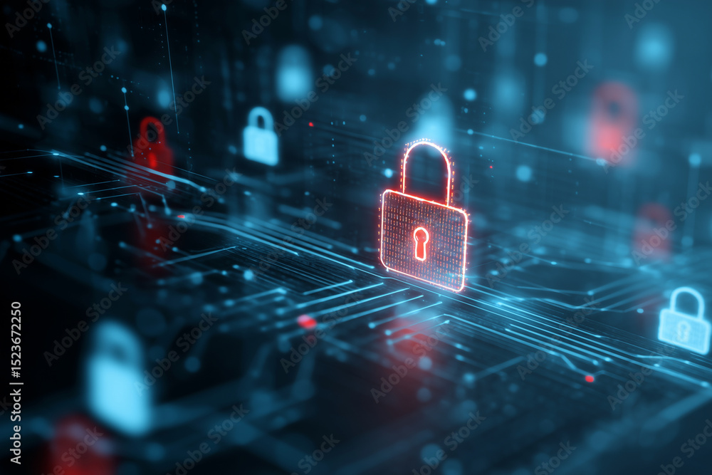 Poster a computer screen shows a red and blue lock with a key on it. the lock is surrounded by other locks,