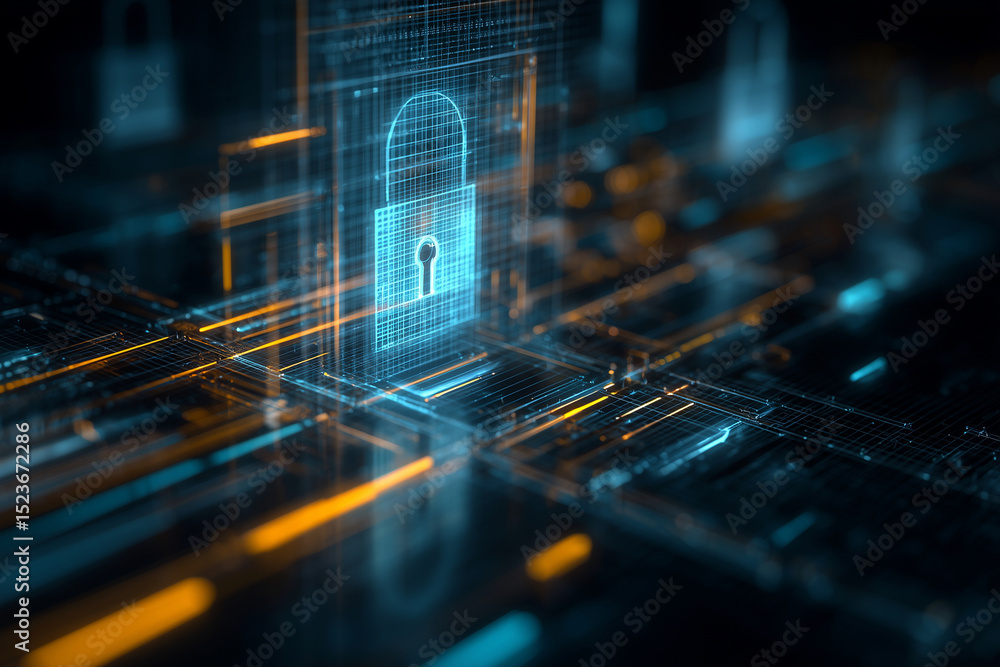 Poster a blue and orange image of a key on a computer screen. the image is abstract and futuristic, with a 