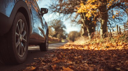 Car parked on leaf-covered road surrounded by autumn trees  