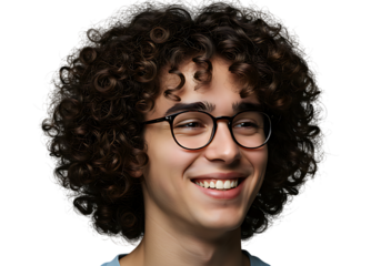 Portrait of young man with curly hair and glasses smiling on black background studio shot close up happy face on transparent background