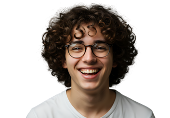 Portrait of smiling young man with curly hair and glasses on black background studio shot close up happy person on transparent background