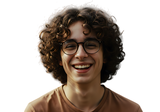Portrait of happy young man with curly hair and glasses smiling cheerful face close up headshot 100charact on transparent background