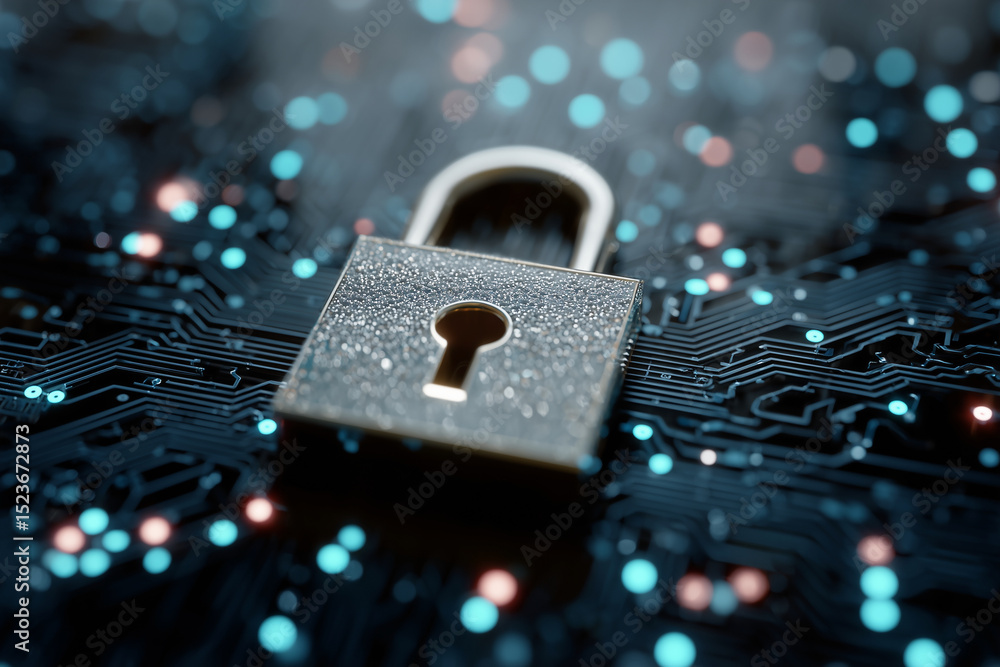 Poster a computer chip with a keyhole on it. the chip is surrounded by a blue and red background