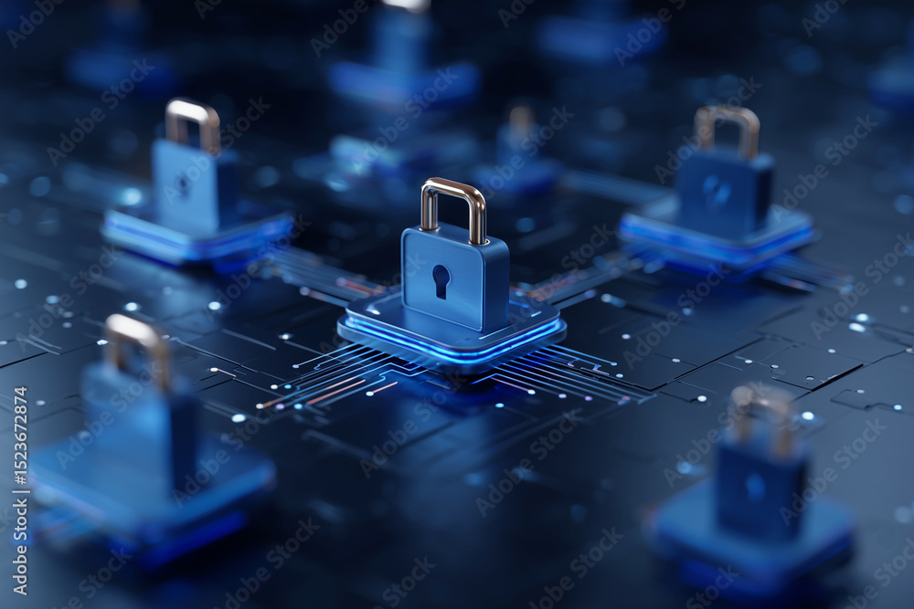 Poster a blue and gold lock is surrounded by other locks. the locks are arranged in a grid pattern