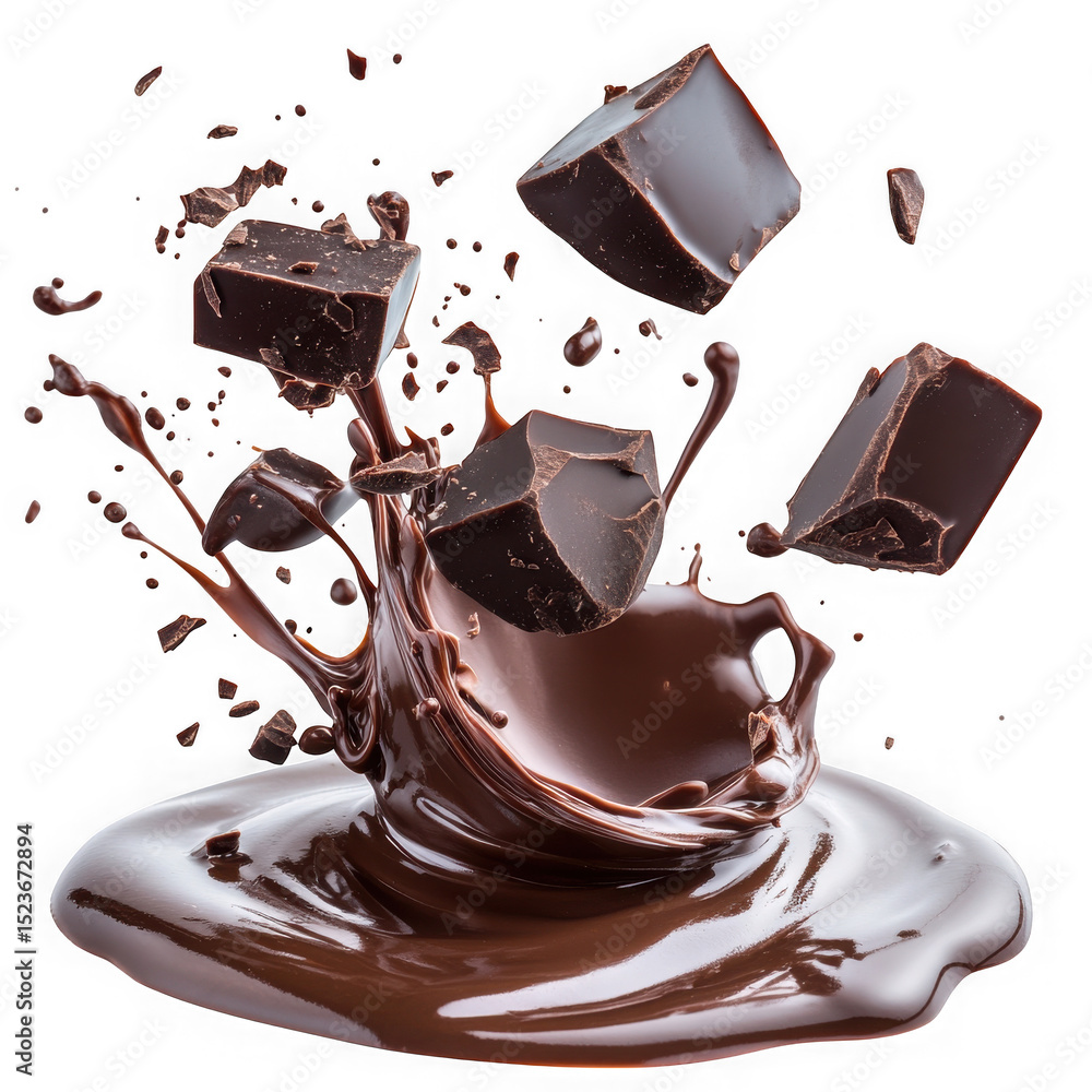 Poster dark chocolate chunks splashing into a rich pool, isolated on transparent background