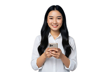 Asian woman using smartphone mobile phone app smiling portrait people technology communication connection on transparent background