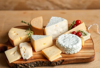 Artisan cheese selection on rustic wooden board, beige backdrop,  culinary,   still life