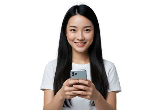 Smiling asian woman using mobile phone smartphone technology communication online social media connection app on transparent background