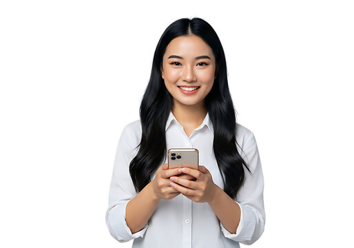 Asian woman using smartphone mobile phone app smiling portrait people technology communication connection on transparent background