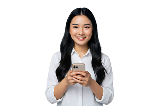 Asian woman using smartphone mobile phone app smiling portrait people technology communication connection on transparent background - Powered by Adobe