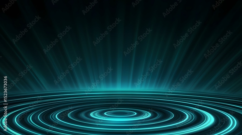 Poster the image contains a dark teal background with radiating light streaks converging towards a central 