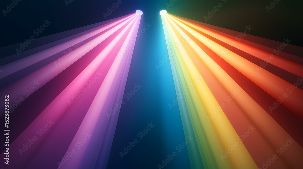 Poster two bright lights cast rainbow-colored beams that converge in the center of the image, creating a vi